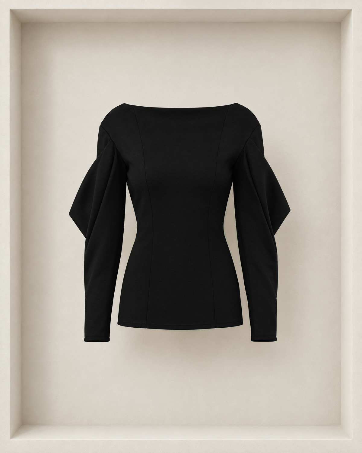 Andre Top in black, front view — wide boat neckline and draped sleeves