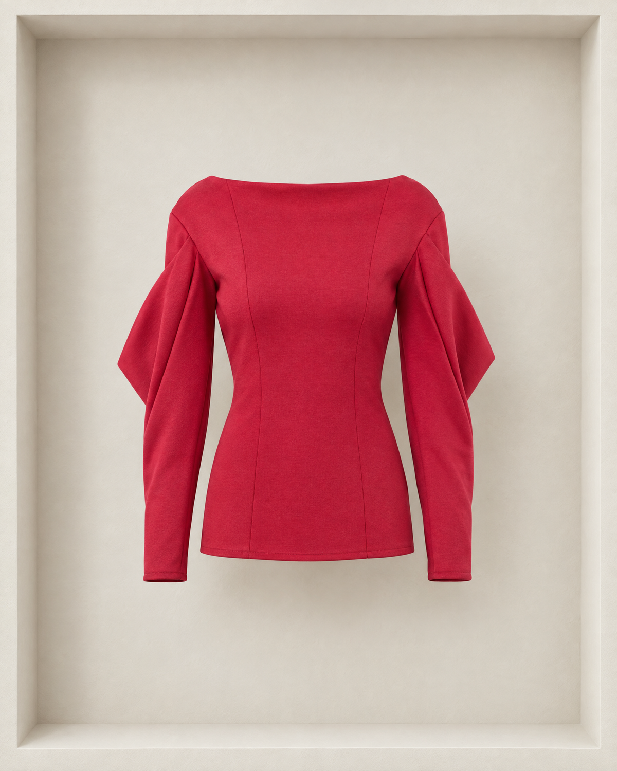 Andre Top in burgundy, front view — wide boat neckline and draped sleeves