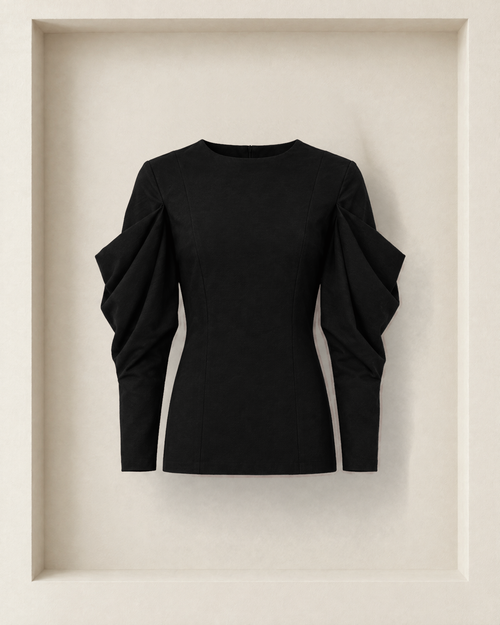 Anita Blouse in black, front view — crew neckline and cascading draped sleeves [Black]