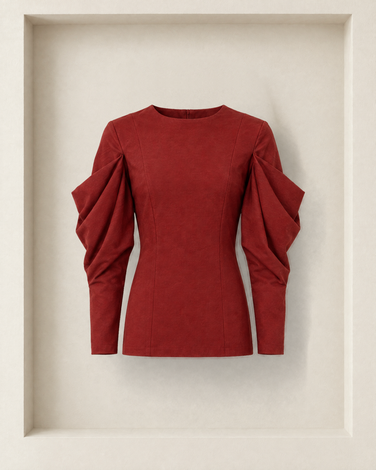 Anita Blouse in burgundy, front view — crew neckline and cascading draped sleeves