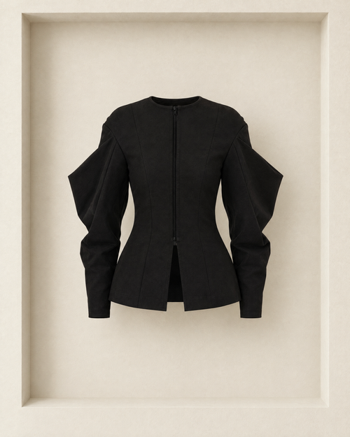 Ansra Jacket in black, front view — collarless neckline, full-length centre-front zip and sculpted sleeves [Black]