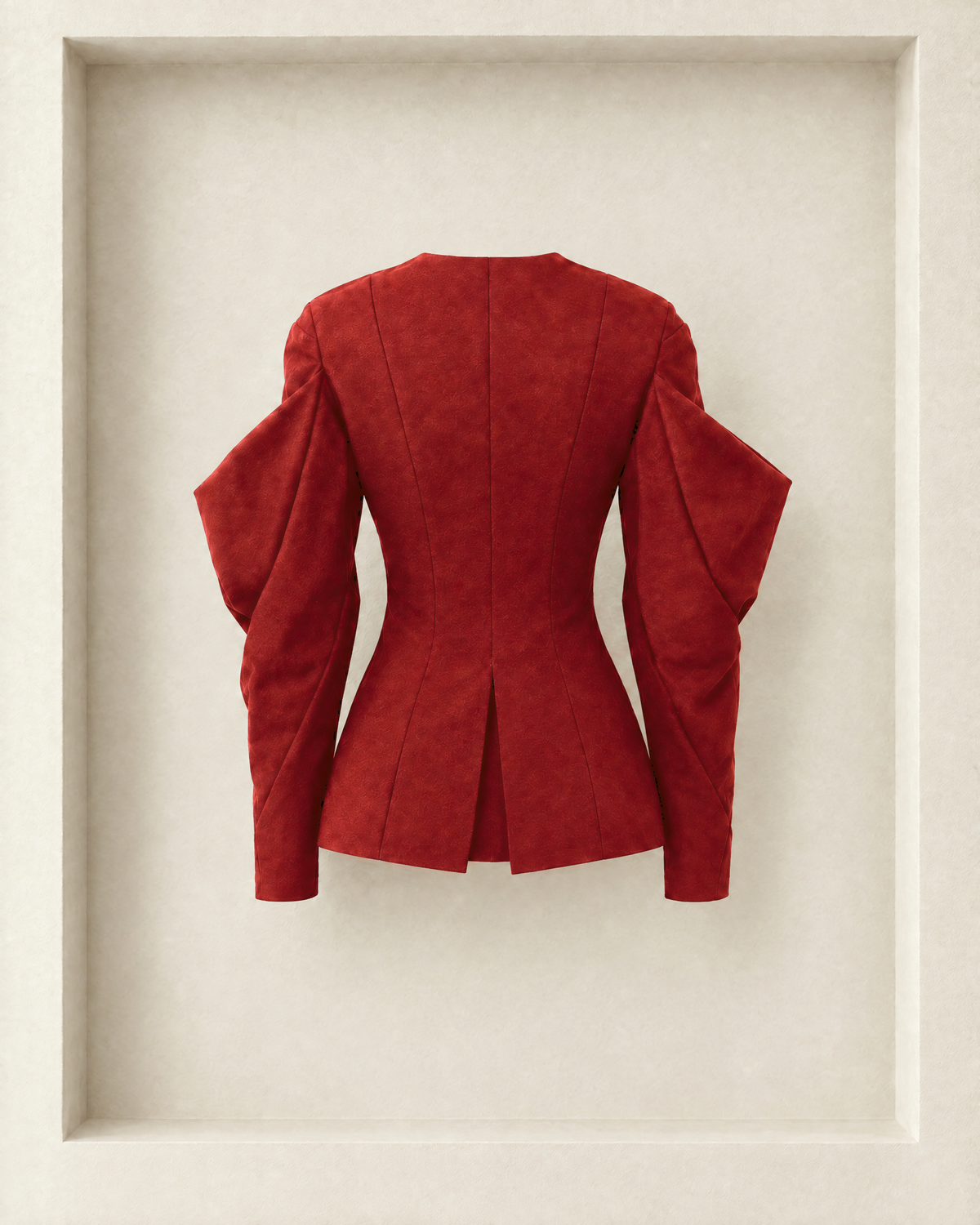 Ansra Jacket in burgundy, back view — princess seams, sculpted sleeves and inverted back pleat