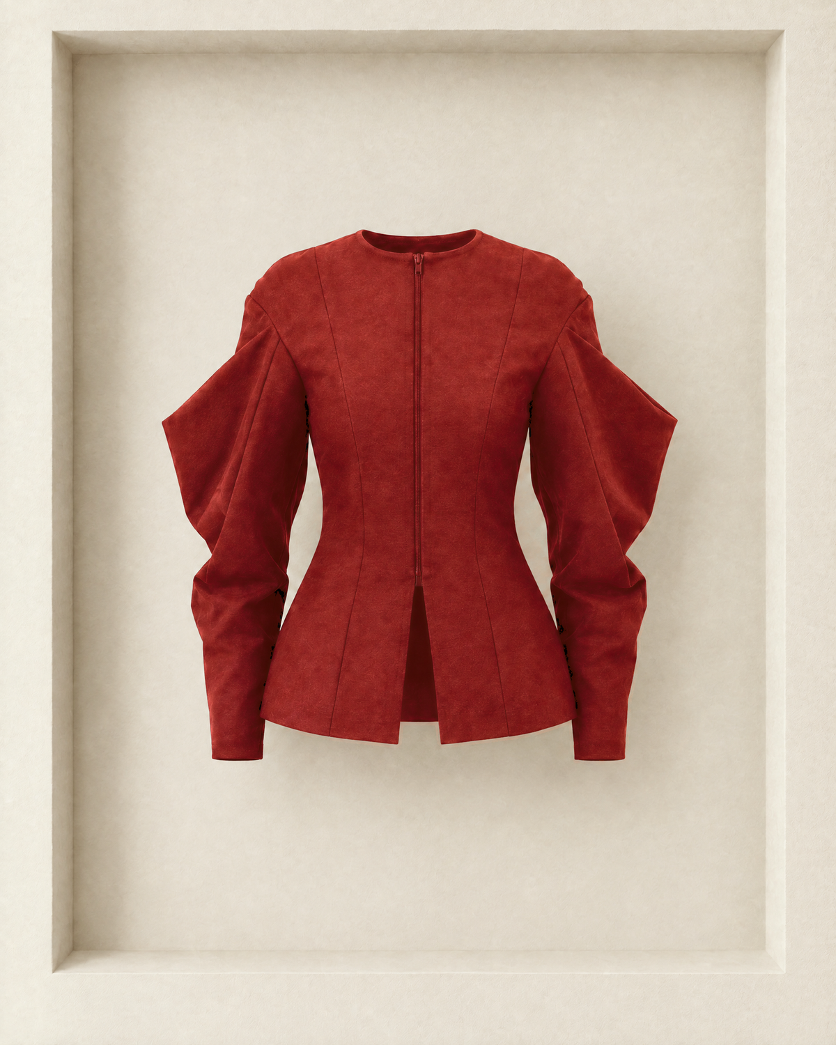 Ansra Jacket in burgundy, front view — collarless neckline, full-length centre-front zip and sculpted sleeves