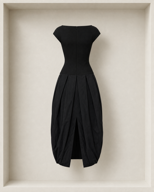 Lyon Dress in black, back view — concealed zip and centre-back slit