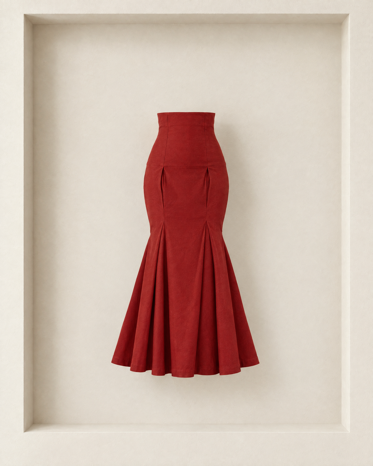 Neya Skirt in burgundy, front view — high contoured yoke, hip pleats and pleated trumpet flare [Burgundy]
