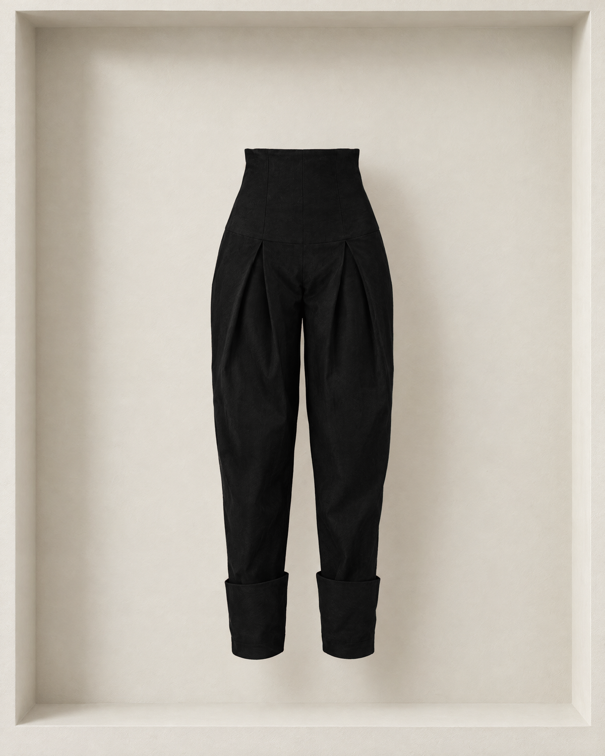 Nora Pants in black, front view — high contoured yoke, single pleats and deep fold-up hems [Black]