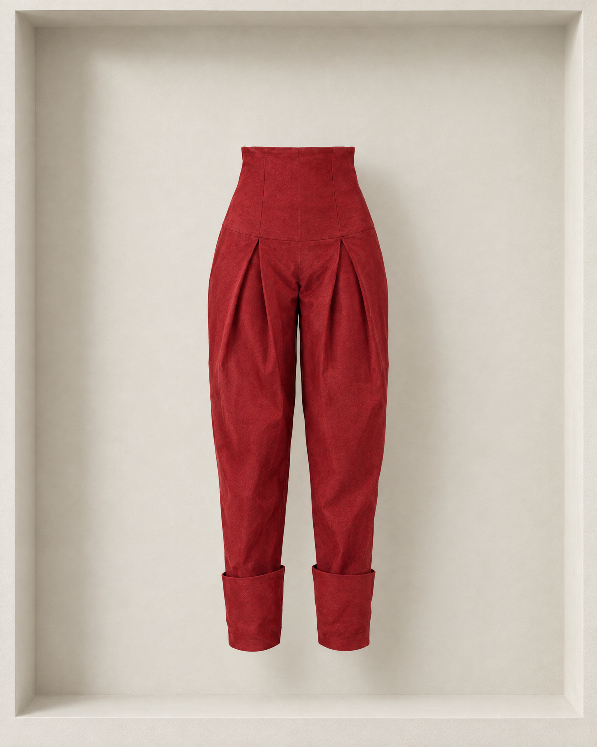 Nora Pants in burgundy, front view — high contoured yoke, single pleats and deep fold-up hems [Burgundy]