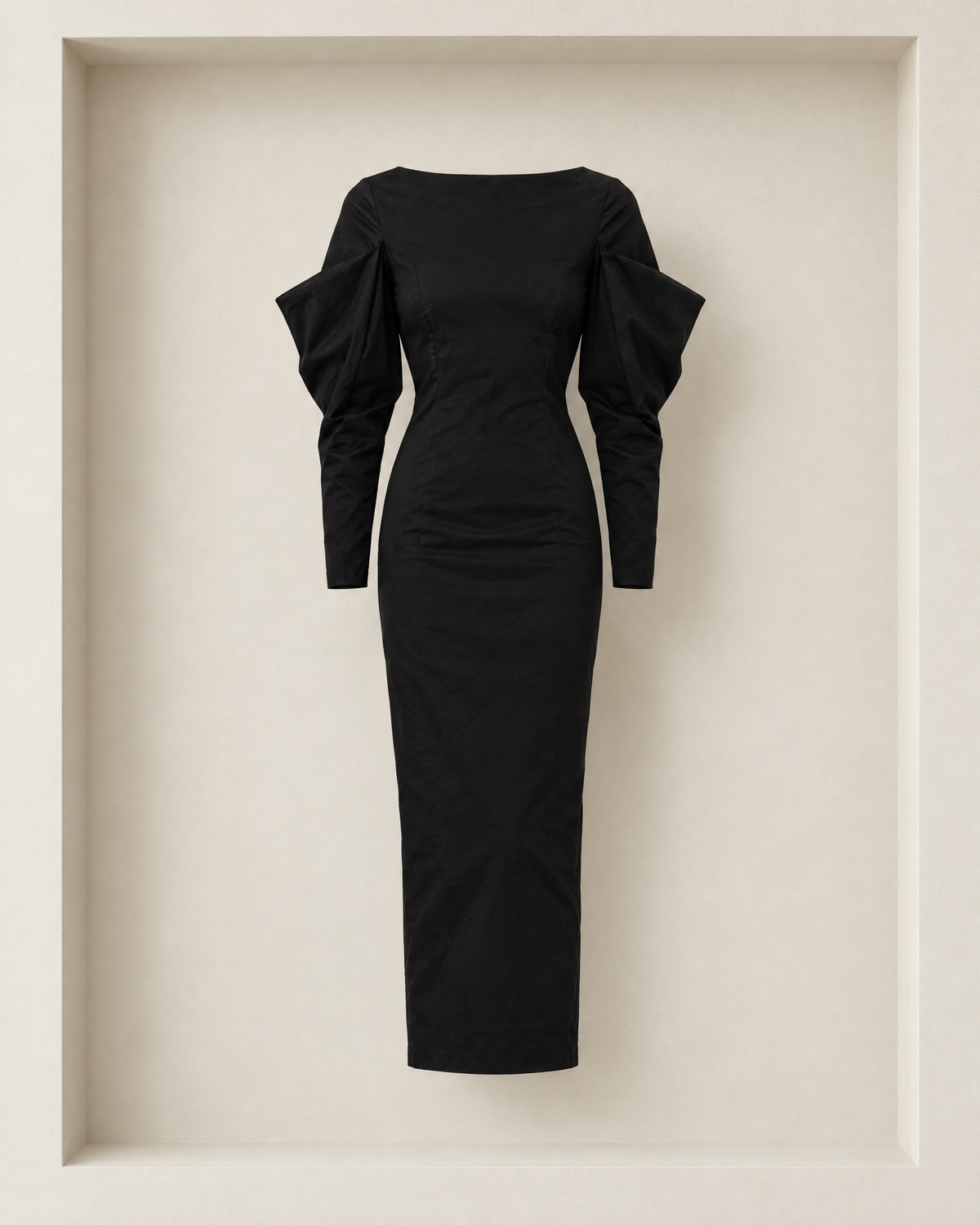 Seraphine Dress in black, front view — boat neckline and sculpted long sleeves